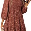 Connecteri  Womens Summer Dresses 2024 Boho Floral Square Neck Smocked 3/4 Sleeve Casual A-Line Swing Mini Babydoll Dress