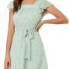 Connecteri  K Women's Floral Chiffon Flutter Sleeve Belted Square Neck Ruffled Hem Dress