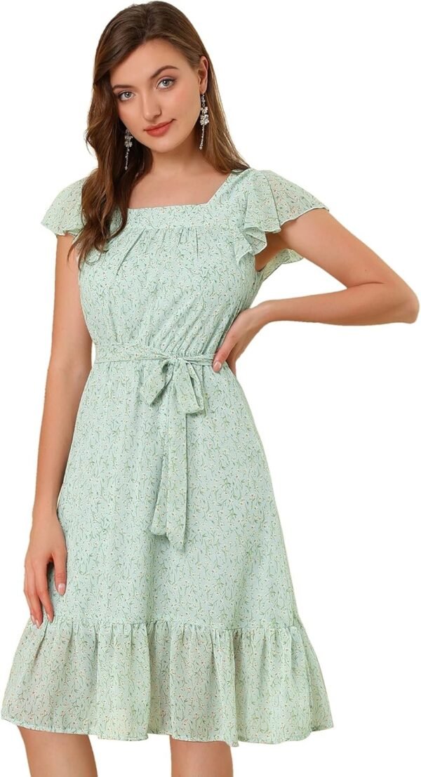 Connecteri  K Women's Floral Chiffon Flutter Sleeve Belted Square Neck Ruffled Hem Dress