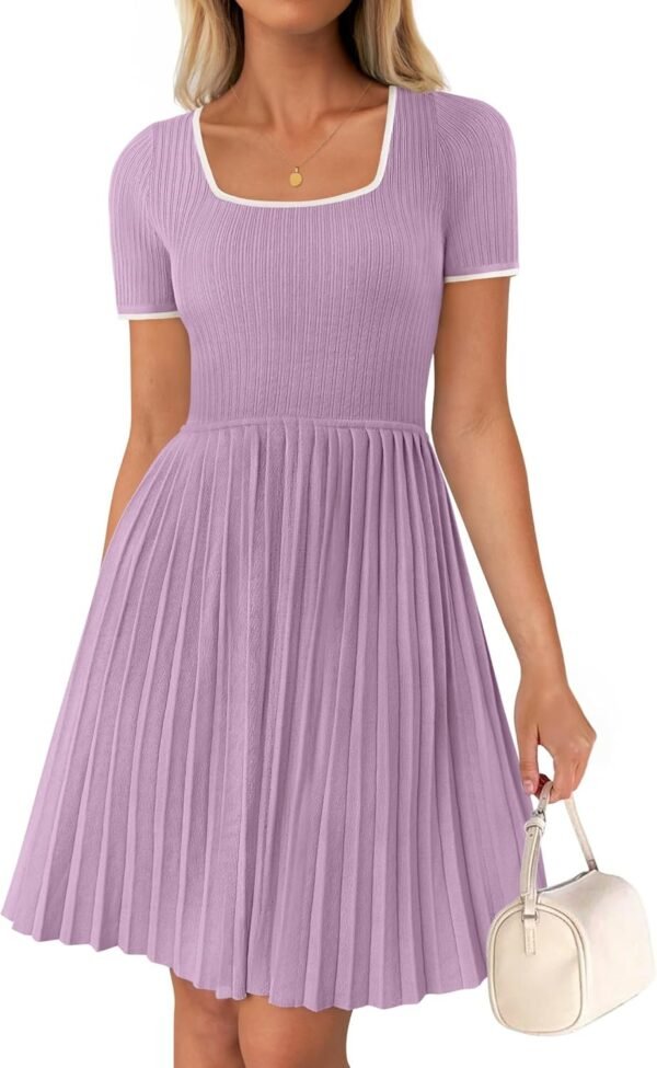 Connecteri Women's Ribbed Square Neck Color Block Pleated Mini Dress Short Sleeve A Line Knit Short Dresses