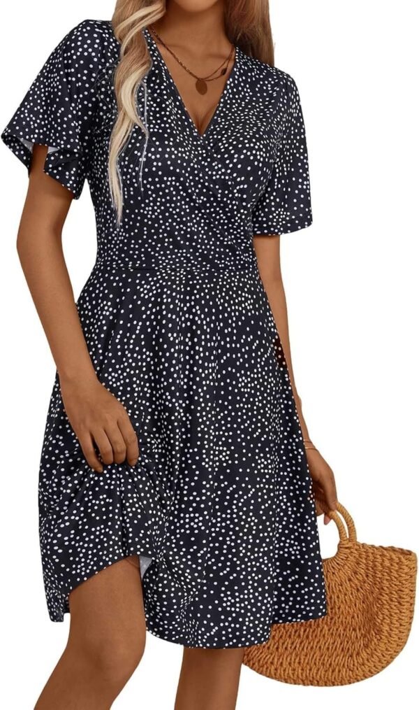 Connecteri  Womens Sundress Summer Floral Short Sleeve Wrap V Neck A-Line Midi Dress