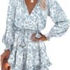 Connecteri  Womens Summer Dresses 2024 Boho Floral Drawstring V Neck Smocked Long Sleeve Ruffle Tiered Chiffon Mini Short Dress