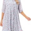 Connecteri  Women's Short Sleeve V-Neck 3/4 Sleeve Button Up Chiffon Floral Pleated Midi Swing Dress with Belt