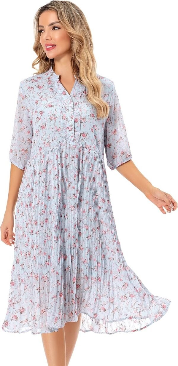 Connecteri  Women's Short Sleeve V-Neck 3/4 Sleeve Button Up Chiffon Floral Pleated Midi Swing Dress with Belt