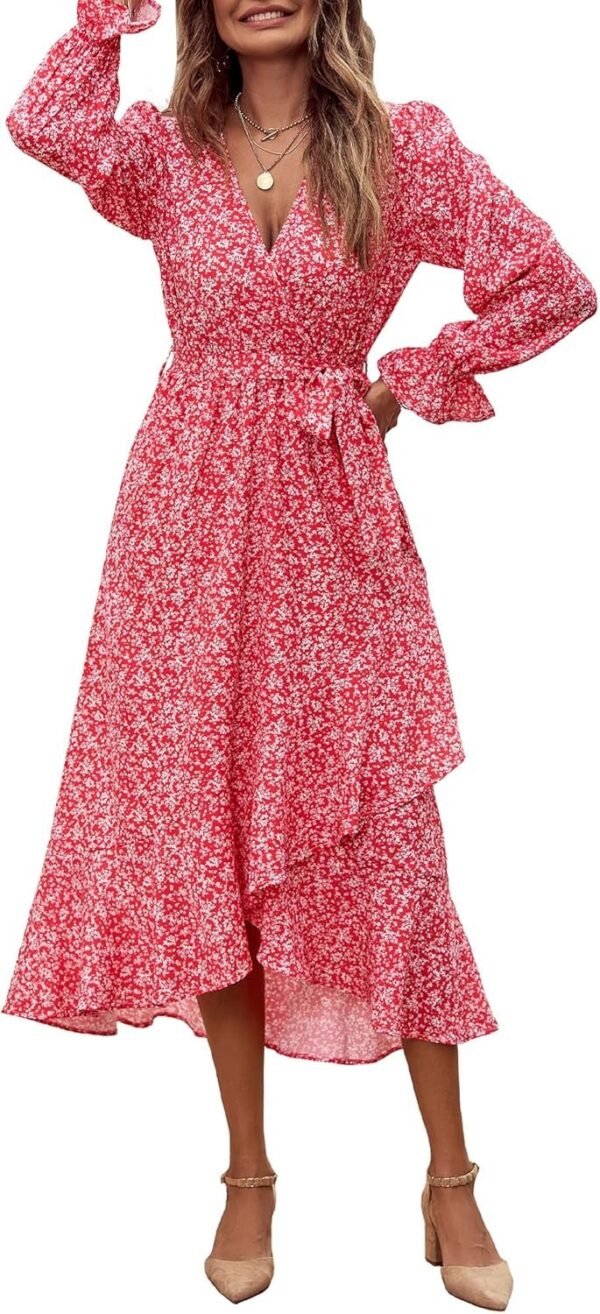 Connecteri  Women Long Sleeve Wrap Maxi Dress V Neck Boho Floral High Waist Flowy Ruffle 2024 Spring Summer Dresses with Belt