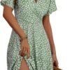 Connecteri  Womens Sundress Summer Floral Short Sleeve Wrap V Neck A-Line Midi Dress