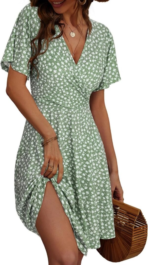 Connecteri  Womens Sundress Summer Floral Short Sleeve Wrap V Neck A-Line Midi Dress
