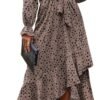 Connecteri  Women Long Sleeve Wrap Maxi Dress V Neck Boho Floral High Waist Flowy Ruffle 2024 Spring Summer Dresses with Belt