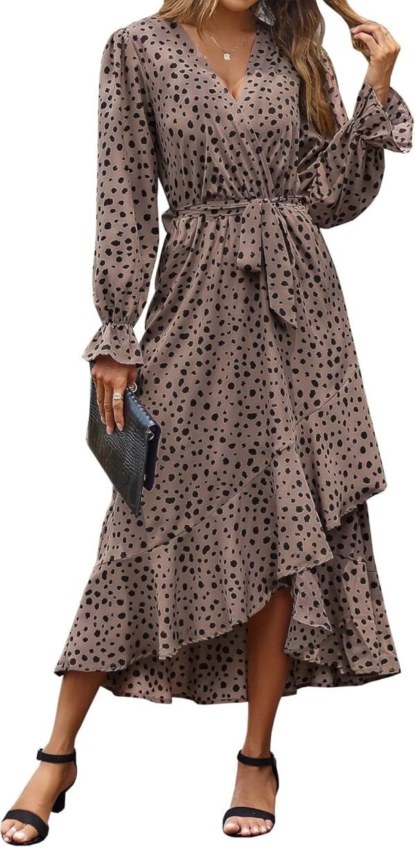 Connecteri  Women Long Sleeve Wrap Maxi Dress V Neck Boho Floral High Waist Flowy Ruffle 2024 Spring Summer Dresses with Belt