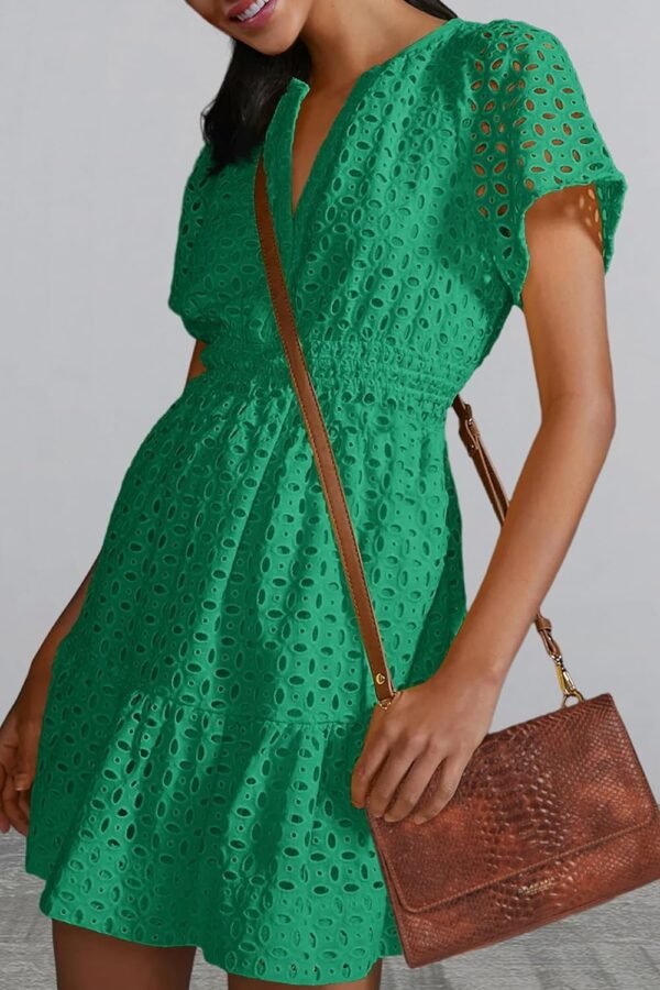 Connecteri  Womens 2024 Summer Short Dress V Neck Short Sleeve A Line Hollow Out Lace Ruffle Cute Casual Beach Party Dresses