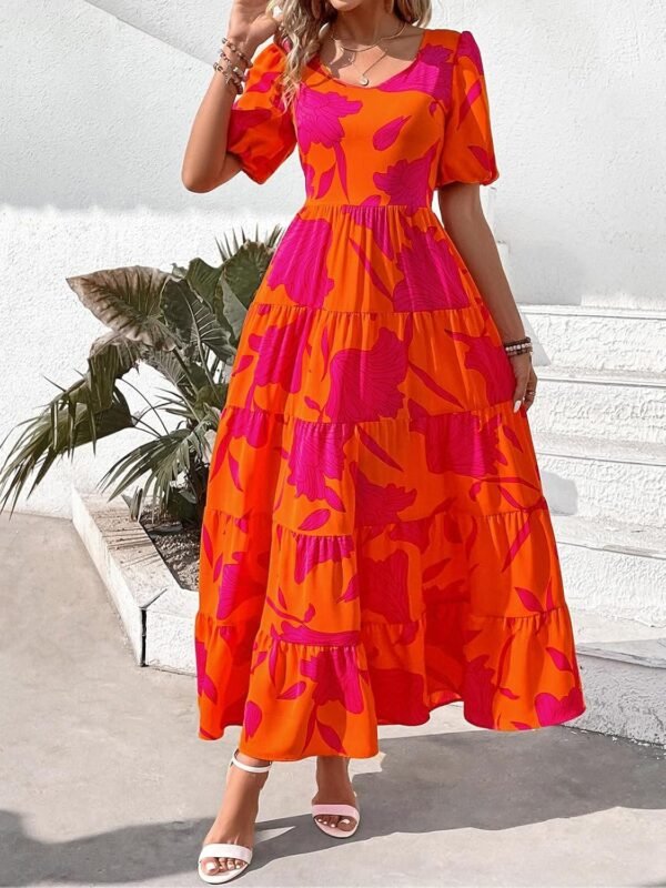 Connecteri  Womens Dresses 2024 Puff Sleeve Floral Casual Summer Dresses Smocked Backless Beach Flowy Tiered Maxi Dress