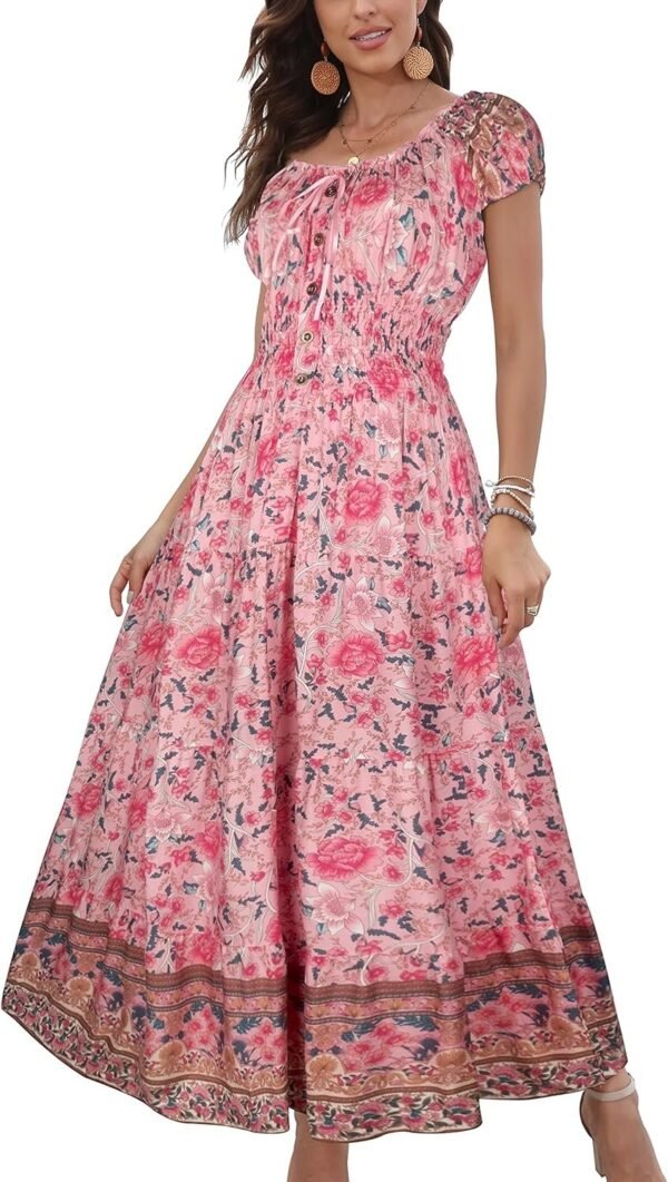 Connecteri  Women's 2024 Summer Short Sleeves Boho Floral Print Tiered Casual Flowy Long Maxi Dress