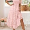 Connecteri Women's 2024 Summer Short Puff Sleeve Crewneck Smocked Floral Lace Flowy A Line Tiered Maxi Dresses