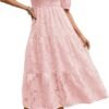 Connecteri  Women's 2024 Summer Puff Sleeve Smocked Floral Dress Crewneck Lace Flowy Tiered Midi Dresses