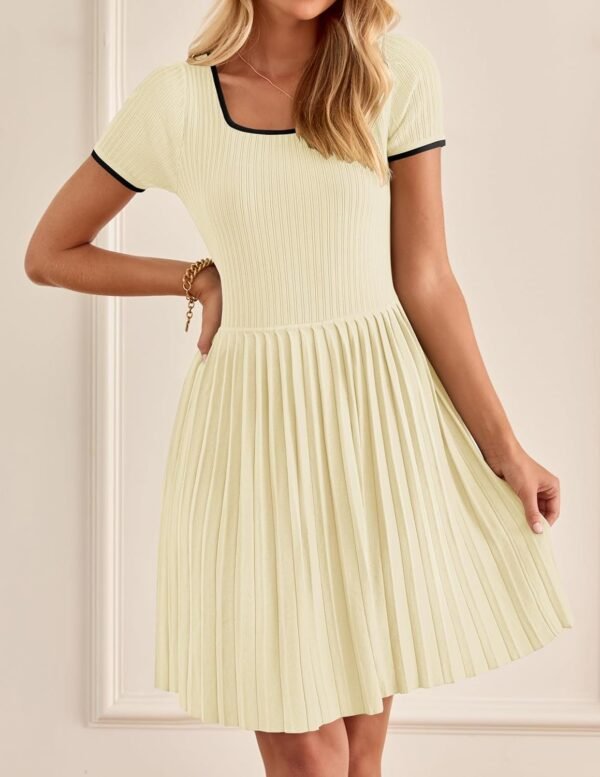 Connecteri Women's Ribbed Square Neck Color Block Pleated Mini Dress Short Sleeve A Line Knit Short Dresses