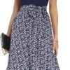 Connecteri  Summer Dresses for Women 2024 Short Sleeve Elastic Waist Casual Dresses Ribbed Floral Work Midi Dress with Pockets