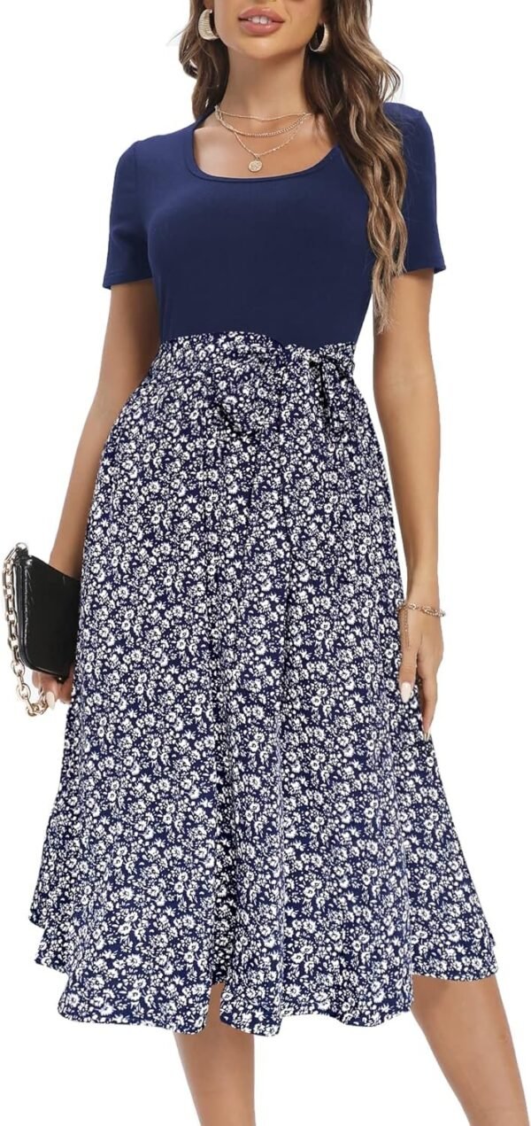 Connecteri  Summer Dresses for Women 2024 Short Sleeve Elastic Waist Casual Dresses Ribbed Floral Work Midi Dress with Pockets