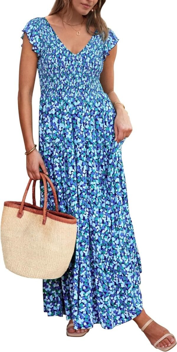 Connecteri  Womens Cap Sleeve V Neck Smocked Beach Sundress