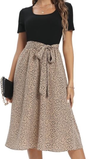 Connecteri  Summer Dresses for Women 2024 Short Sleeve Elastic Waist Casual Dresses Ribbed Floral Work Midi Dress with Pockets