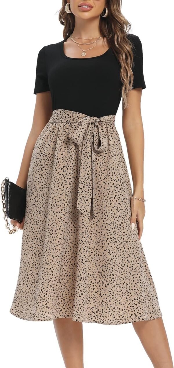 Connecteri  Summer Dresses for Women 2024 Short Sleeve Elastic Waist Casual Dresses Ribbed Floral Work Midi Dress with Pockets