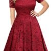 Connecteri  Women's Vintage Floral Lace Short Sleeve Boat Neck Cocktail Party Swing Dress