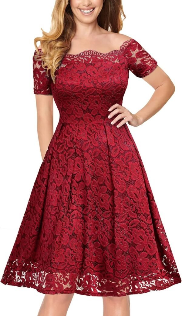 Connecteri  Women's Vintage Floral Lace Short Sleeve Boat Neck Cocktail Party Swing Dress