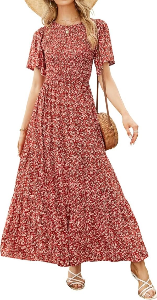 Connecteri Women's 2024 Summer Casual Floral Print Short Flutter Sleeve Crew Neck Smocked High Waist Flowy Maxi Dress