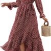 Connecteri  Women Long Sleeve Wrap Maxi Dress V Neck Boho Floral High Waist Flowy Ruffle 2024 Spring Summer Dresses with Belt