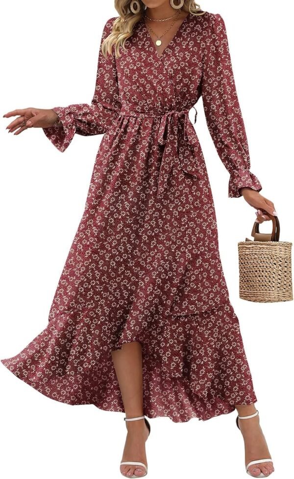 Connecteri  Women Long Sleeve Wrap Maxi Dress V Neck Boho Floral High Waist Flowy Ruffle 2024 Spring Summer Dresses with Belt