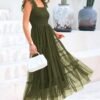 Connecteri?Womens 2024 Summer Casual Sleeveless Smocked Ruffle Tulle Flowy Beach Sundress