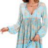 Connecteri  Womens Long Sleeve Floral Casual Print Cotton Mini Tunic Dress