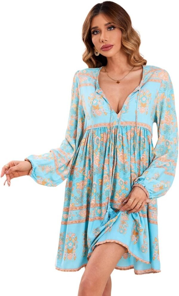 Connecteri  Womens Long Sleeve Floral Casual Print Cotton Mini Tunic Dress