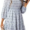 Connecteri  Womens Summer Dresses 2024 Boho Floral Square Neck Smocked 3/4 Sleeve Casual A-Line Swing Mini Babydoll Dress