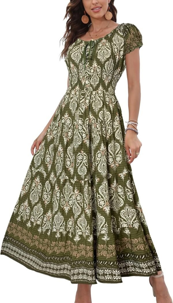 Connecteri  Women's 2024 Summer Short Sleeves Boho Floral Print Tiered Casual Flowy Long Maxi Dress
