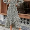 Connecteri  Women Long Sleeve Wrap Maxi Dress V Neck Boho Floral High Waist Flowy Ruffle 2024 Spring Summer Dresses with Belt