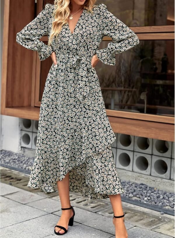 Connecteri  Women Long Sleeve Wrap Maxi Dress V Neck Boho Floral High Waist Flowy Ruffle 2024 Spring Summer Dresses with Belt