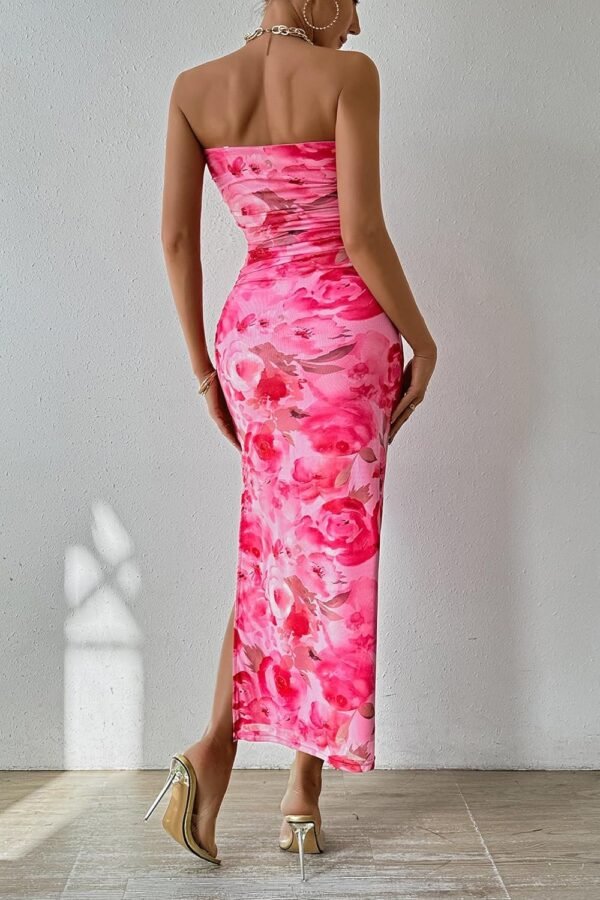 Connecteri  Women's Summer Maxi Bodycon Dresses Strapless Tube Top Printed Long Party Club Slit Dress