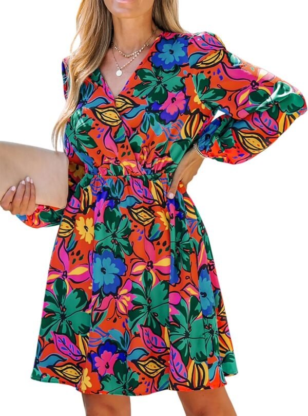 Connecteri  Women's Floral Print Chiffon A-Line Mini Dress Long Peasant Sleeves