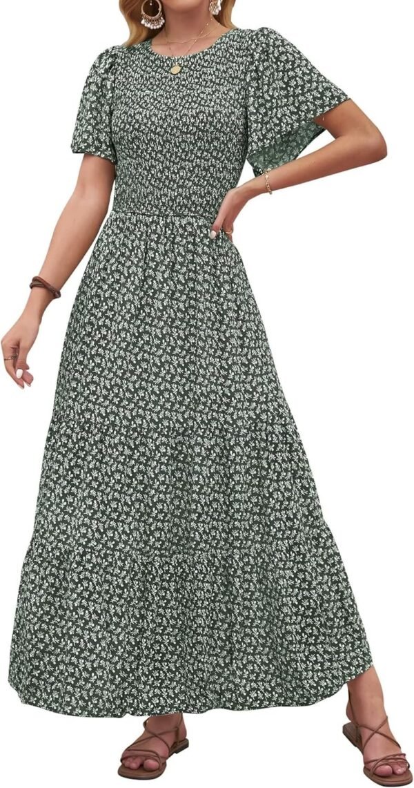 Connecteri Women's 2024 Summer Casual Floral Print Short Flutter Sleeve Crew Neck Smocked High Waist Flowy Maxi Dress