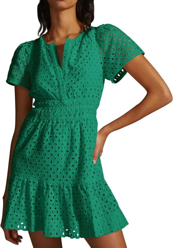 Connecteri  Womens 2024 Summer Short Dress V Neck Short Sleeve A Line Hollow Out Lace Ruffle Cute Casual Beach Party Dresses