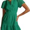Connecteri  Womens 2024 Summer Short Dress V Neck Short Sleeve A Line Hollow Out Lace Ruffle Cute Casual Beach Party Dresses