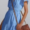 Connecteri  Womens 2024 Summer Short Dress V Neck Short Sleeve A Line Hollow Out Lace Ruffle Cute Casual Beach Party Dresses