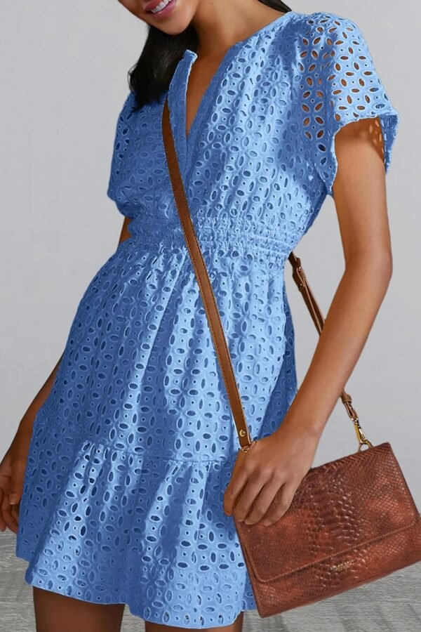 Connecteri  Womens 2024 Summer Short Dress V Neck Short Sleeve A Line Hollow Out Lace Ruffle Cute Casual Beach Party Dresses