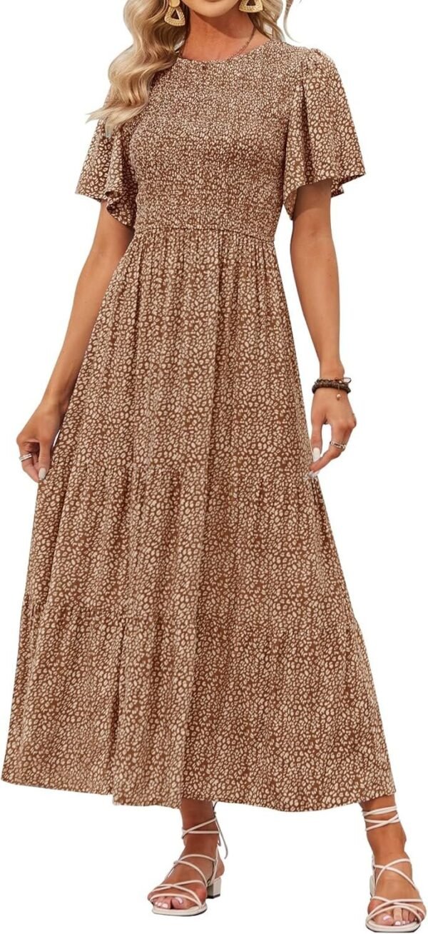 Connecteri Women's 2024 Summer Casual Floral Print Short Flutter Sleeve Crew Neck Smocked High Waist Flowy Maxi Dress