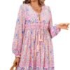 Connecteri  Womens Long Sleeve Floral Casual Print Cotton Mini Tunic Dress
