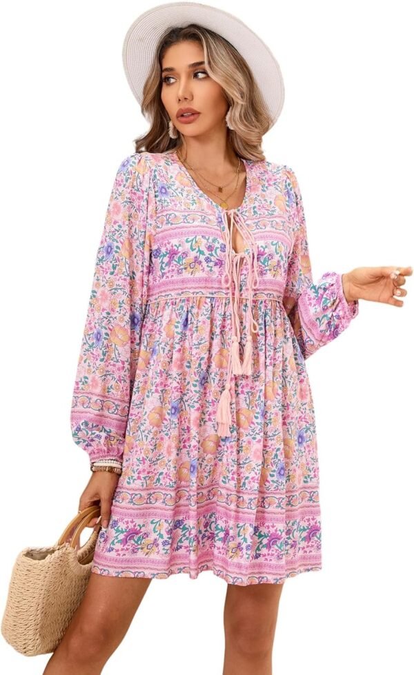 Connecteri  Womens Long Sleeve Floral Casual Print Cotton Mini Tunic Dress