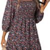 Connecteri  Womens Summer Dresses 2024 Boho Floral Square Neck Smocked 3/4 Sleeve Casual A-Line Swing Mini Babydoll Dress