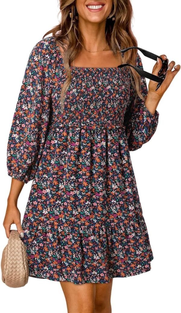 Connecteri  Womens Summer Dresses 2024 Boho Floral Square Neck Smocked 3/4 Sleeve Casual A-Line Swing Mini Babydoll Dress