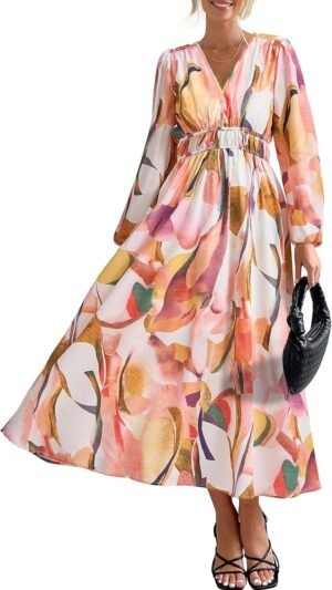 Connecteri  Women's 2024 Fall Boho Maxi Dress Casual Long Sleeve V Neck Printed Beach Long Flowy Dresses