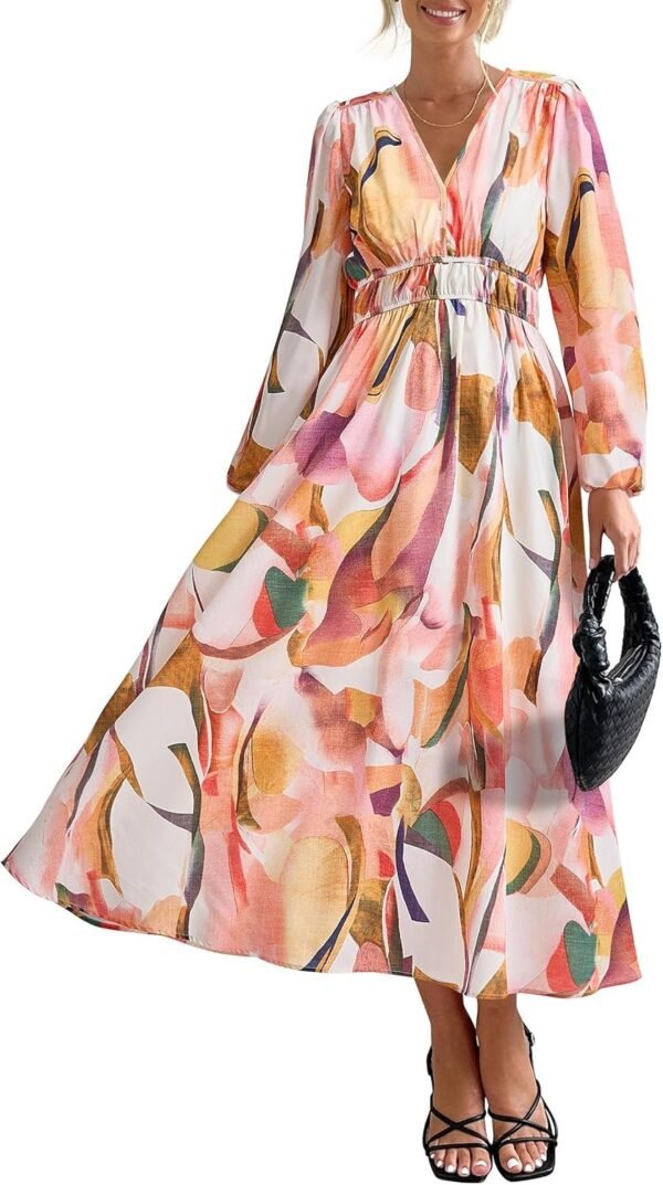 Connecteri  Women's 2024 Fall Boho Maxi Dress Casual Long Sleeve V Neck Printed Beach Long Flowy Dresses